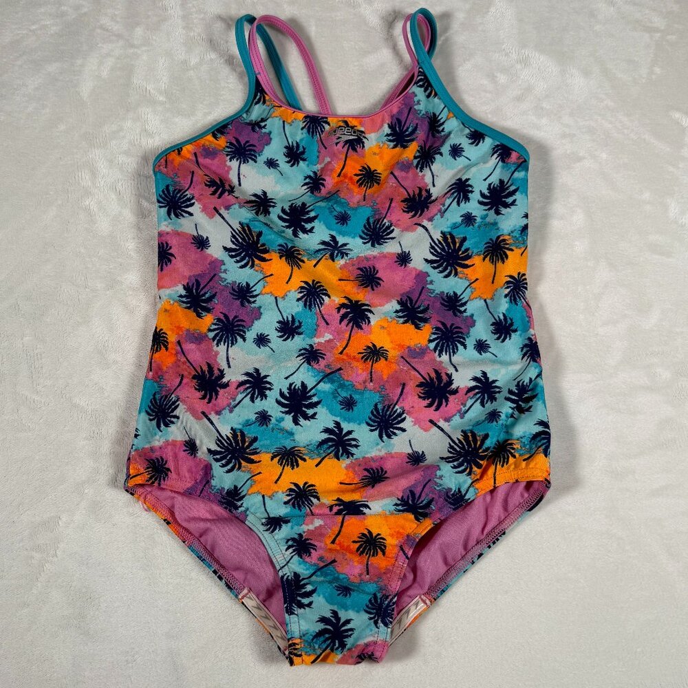 Speedo Swimsuit Girl Size L Tropical Print 1-Piece Colorfull Thin Strap EUC